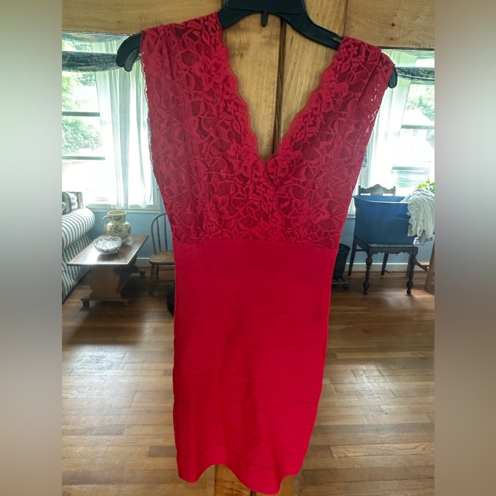 Bebe red lace topped V neck dress. Size medium.